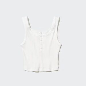 Uniqlo Women’s White Ribbed Henley Neck Cropped Tank Top Stretchy Size Small
